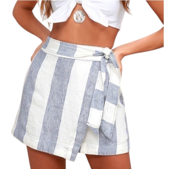 Free People Uptown Days Blue White Stripe Linen Wrap Skirt Size 2 - Picture 1 of 8